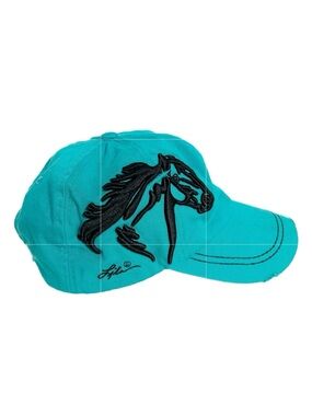AWST International Embroidered Horse Profile Distressed Brim Teal Baseball Cap